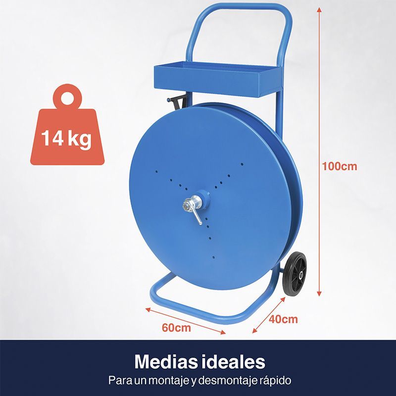 Carro devanador para flejes de polipropileno PP y poliéster PET, adapotable para interiores desde 150 mm hasta 406 mm