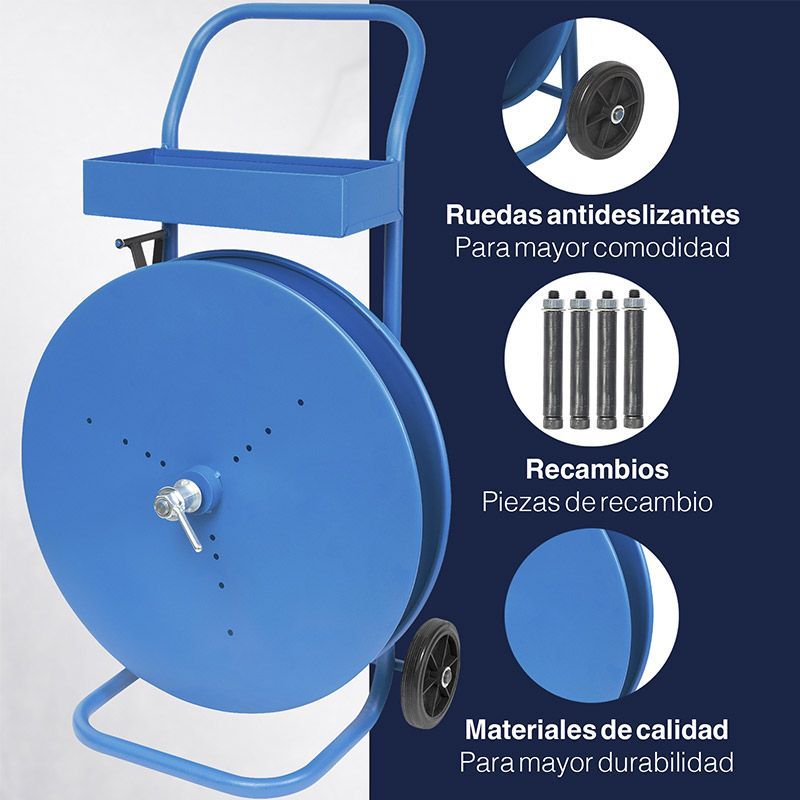 Carro devanador para flejes de polipropileno PP y poliéster PET, adapotable para interiores desde 150 mm hasta 406 mm