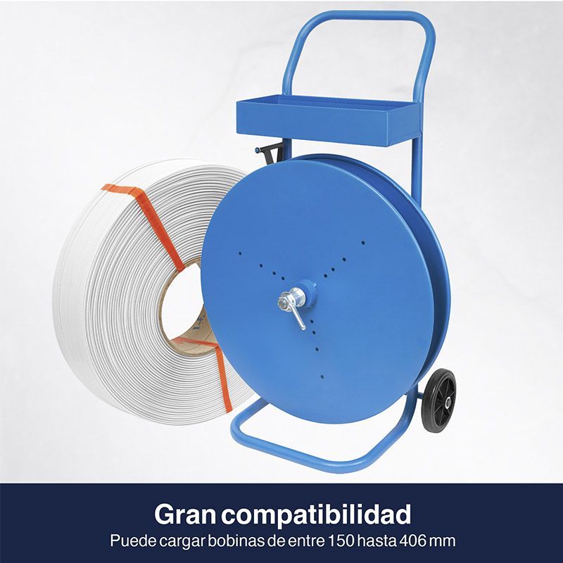 Carro devanador para flejes de polipropileno PP y poliéster PET, adapotable para interiores desde 150 mm hasta 406 mm